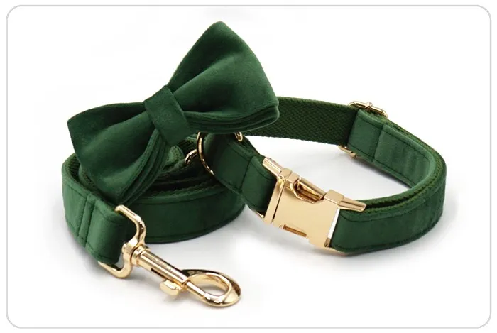 gold buckle forest green dog collar and bow set gold buckle forest green dog collar and bow set